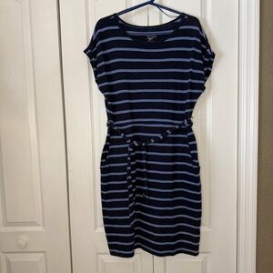 Time and Tru short sleeve Striped Navy Blue Dress belted pockets L 12 14